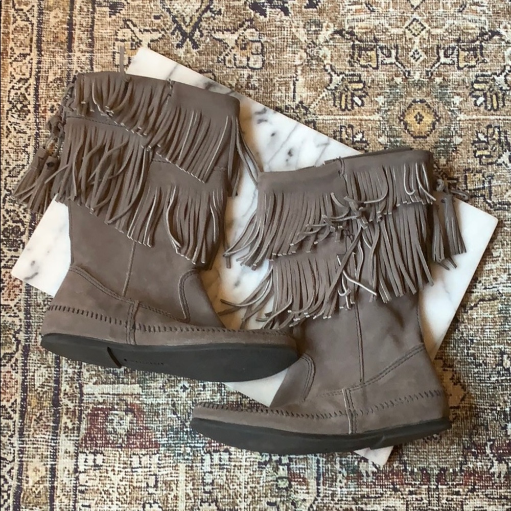 Minnetonka gray zipper fringe lace back tall boot